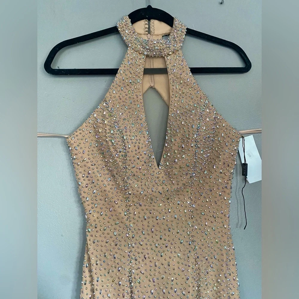 NWT La Femme Champagne Beaded Key Neck Mock Neck Evening Gown / Formal Dress - Picture 4 of 8